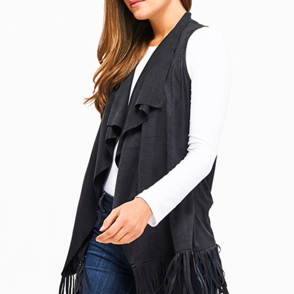 Countess Faux Suede Waterfall Collar Open Front Fringe Vest - Picture 4 of 7